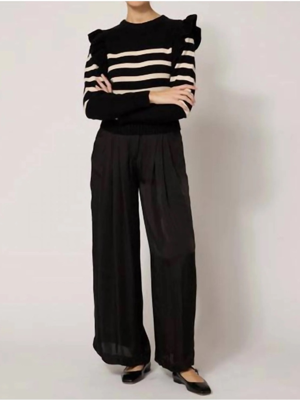 NWT Cleobella Blair Sweater Small Black Ivory Stripe Ruffle Organic Cotton Crop